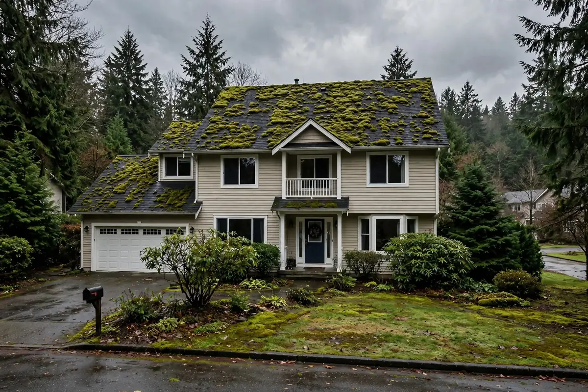 Shoreline home with heavy moss covering the roof, before cleaning