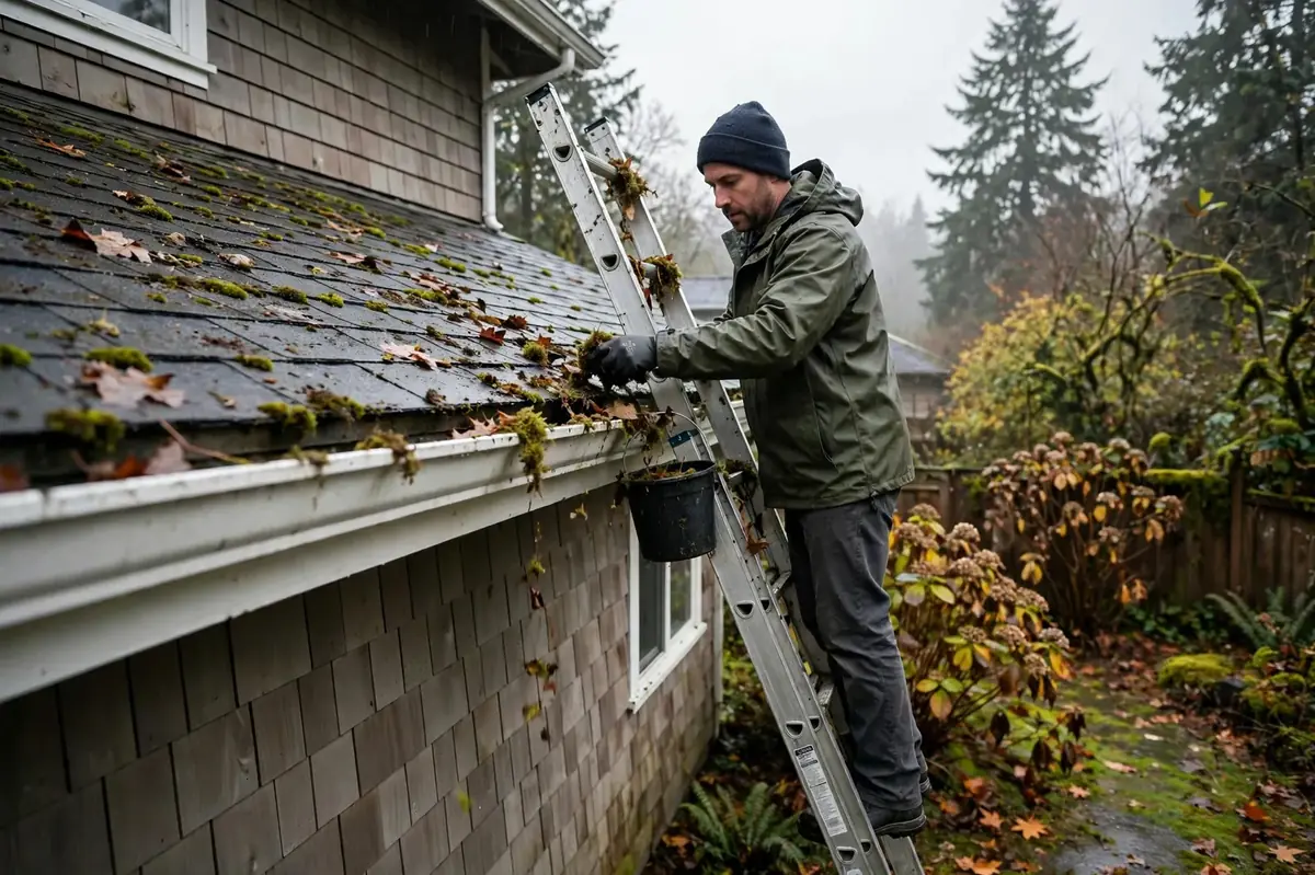 Worker clearing moss and leaves from a gutter