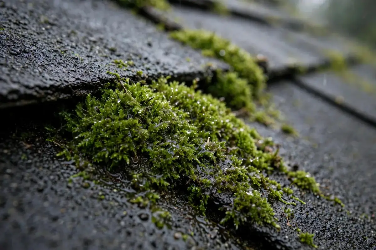 Close-up of thick moss growing between asphalt roof shingles