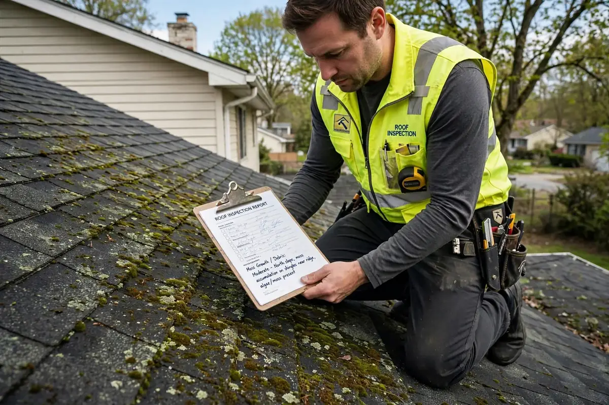 Roof inspection checking moss growth on shingles