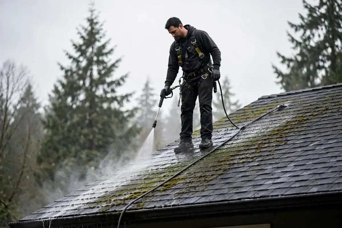 MossFree Shoreline technician soft washing moss from a roof