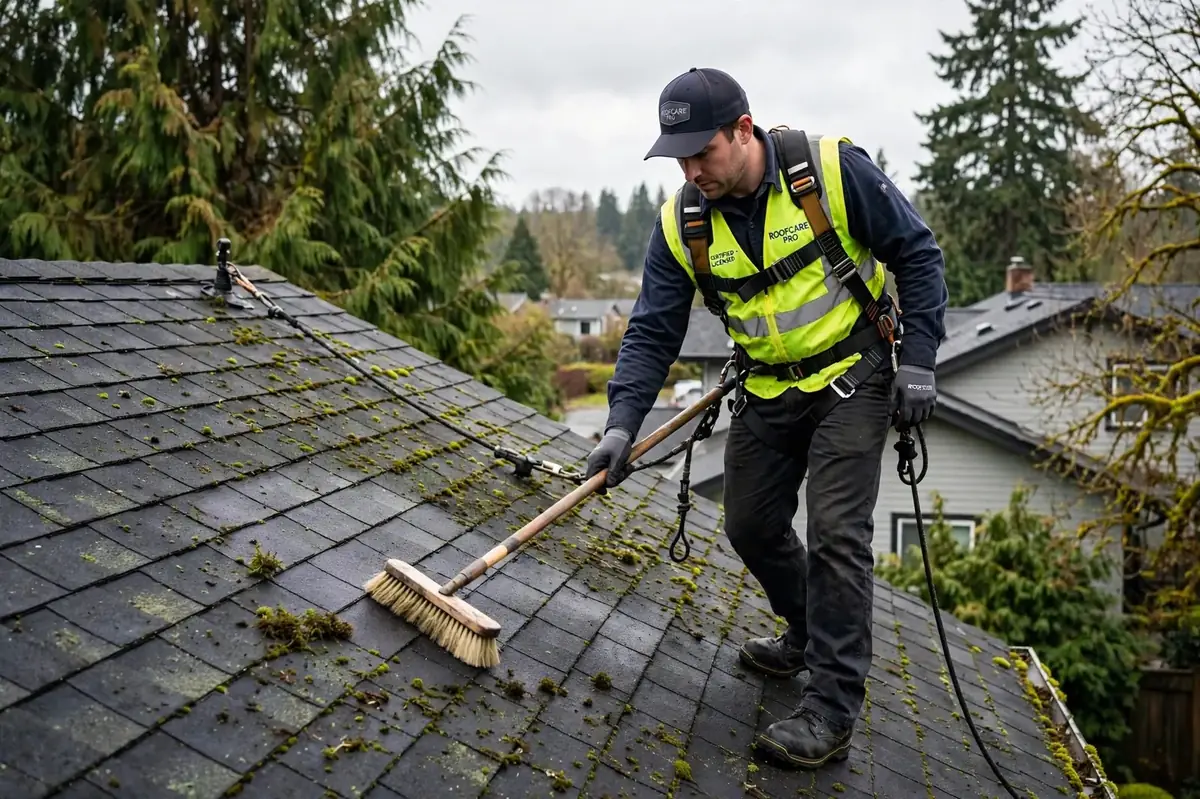 Technician hand-brushing moss off shingles